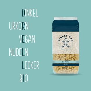 Verpackung von DINKEL MAX Drelli Bio-Dinkelnudeln, vegan, aus Urkorn, mit blauem und weißem Design
