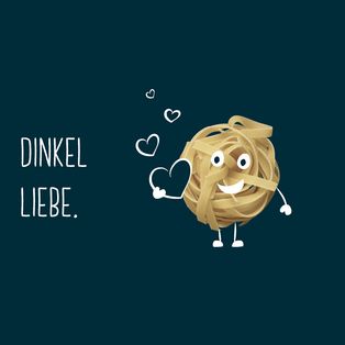 Lustige Dinkel-Pasta mit Armen, Beinen und Augen, umgeben von Herzen, Text 'Dinkel Liebe'