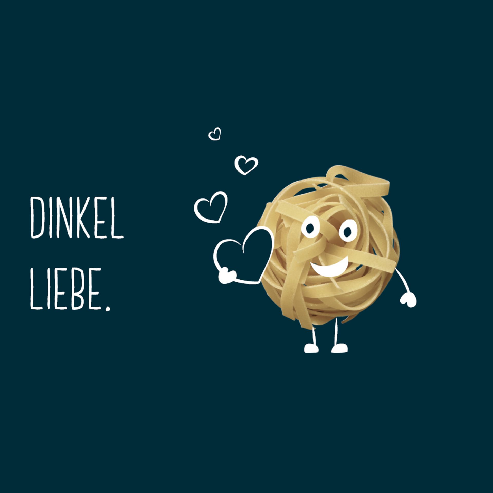 Lustige Dinkelkornfigur mit Armen, Beinen und Herzen, Text 'Dinkel Liebe' auf dunklem Hintergrund