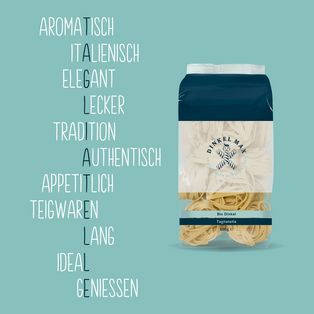 Akrostichon mit den Worten DINKEL MAX Tagliatelle und einer Packung Dinkel Max Tagliatelle Pasta